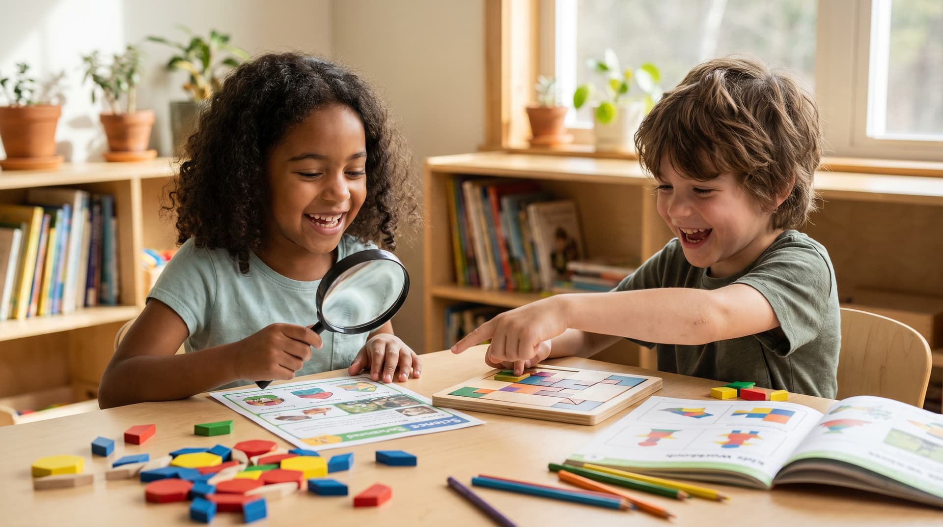 Two kids investigating a worksheet with a magnifying glass
