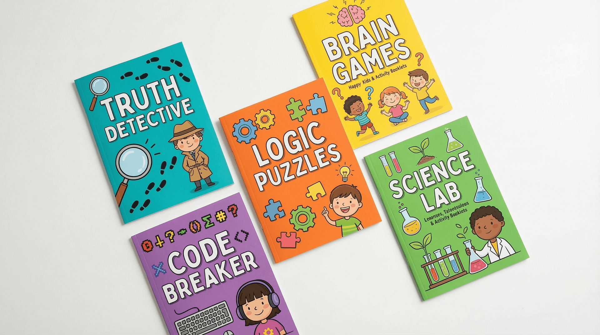 Collection of ThinkQuest workbooks — Logic Puzzles, Truth Detective, Code Breaker, Science Lab, and Brain Games activity booklets for kids