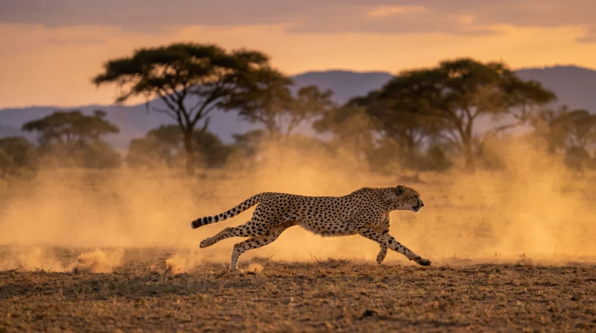 A cheetah sprinting across the African savanna