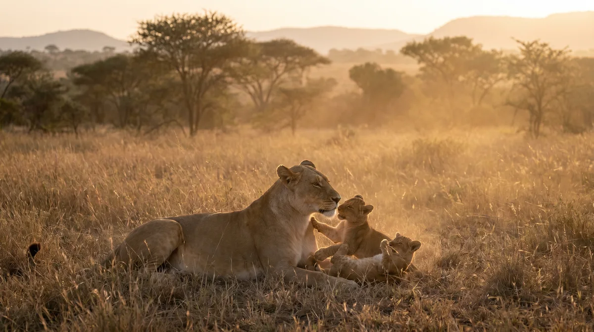 A lioness resting with her cubs in golden grass