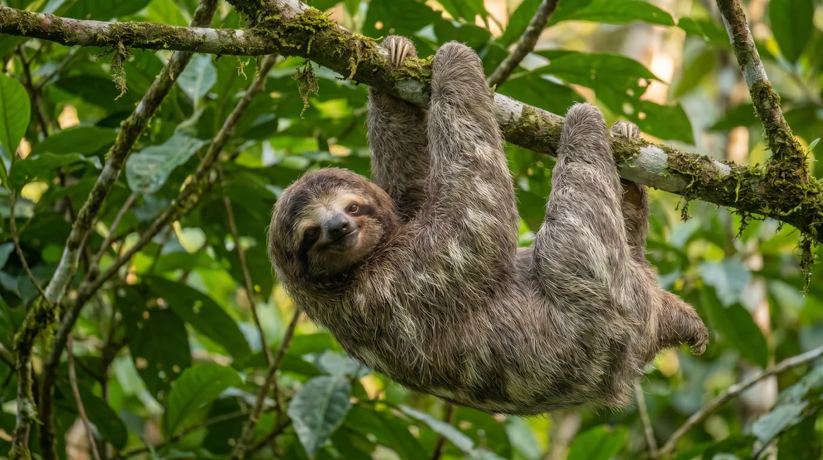 A three-toed sloth hanging from a branch