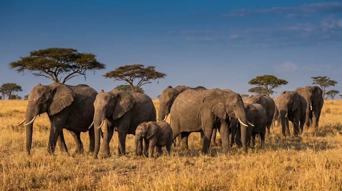 A herd of African elephants with a calf