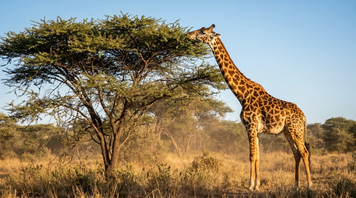 A giraffe browsing leaves from an acacia tree