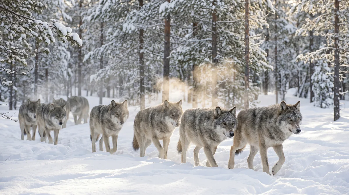 A pack of grey wolves walking through snow