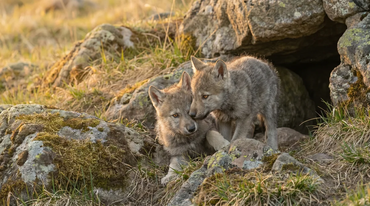 Two wolf pups playing near a den